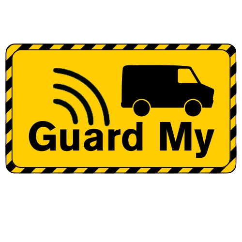  Guard My Van Logo yellow background with black text, black van and black 4G signals
